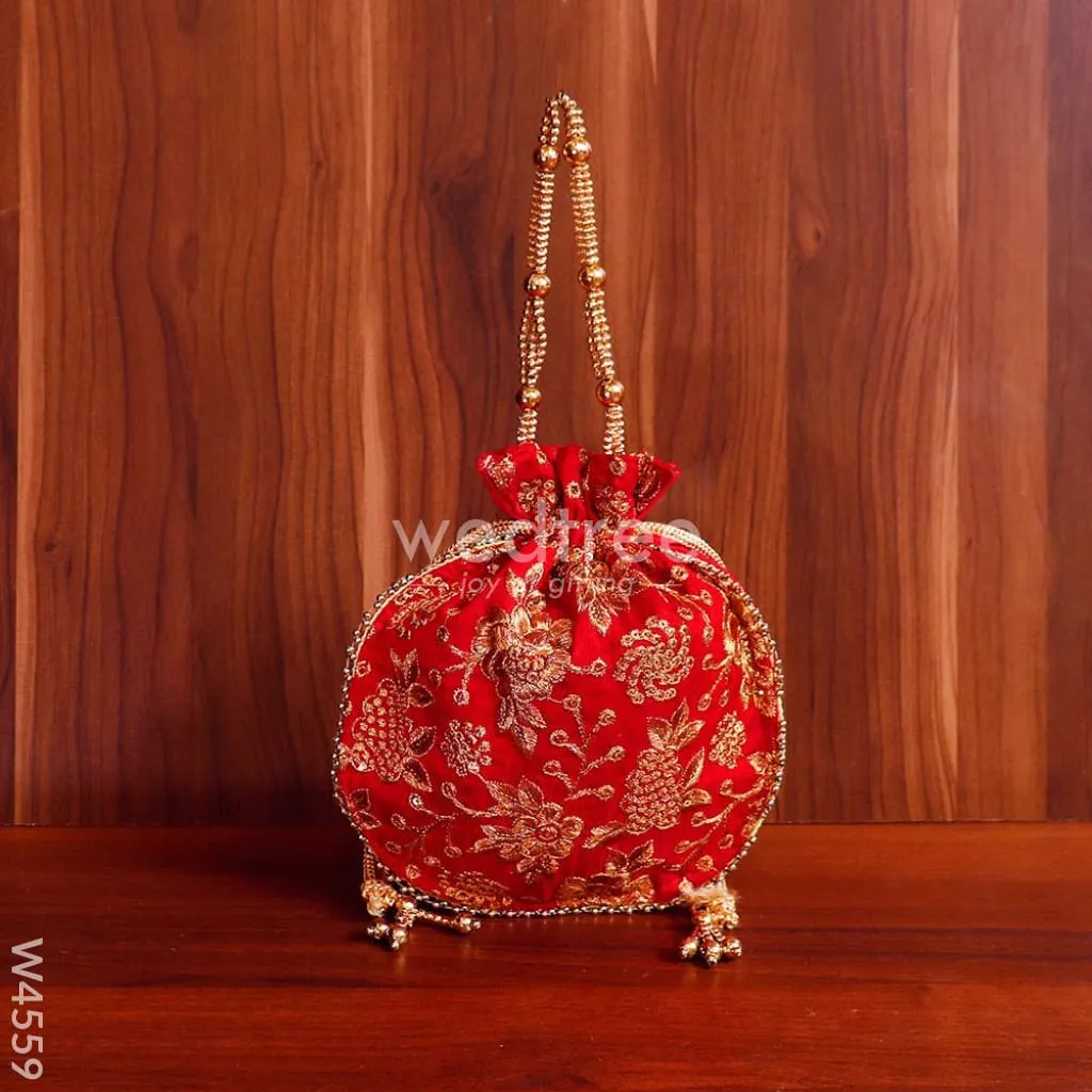 Potli bag raw silk with golden thread embroidery - W4559