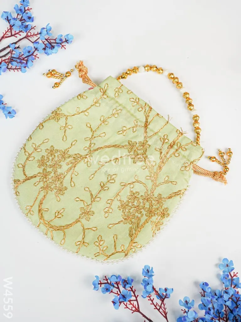 Potli bag raw silk with golden thread embroidery - W4559