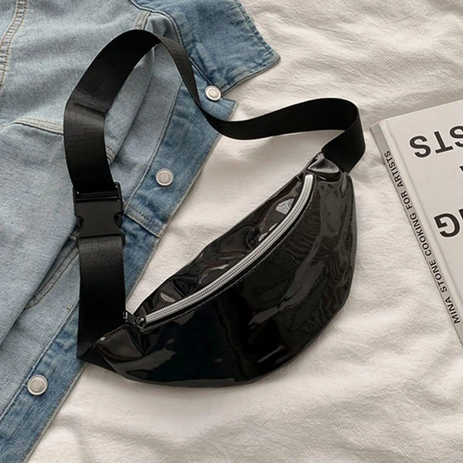 Shoulder bag 1PC Holographic Pack Waist Bag PU Beach Travel Banana Hip Bum Zip Women Purse Belt Bags Girl Chest Bags(Black) (White)
