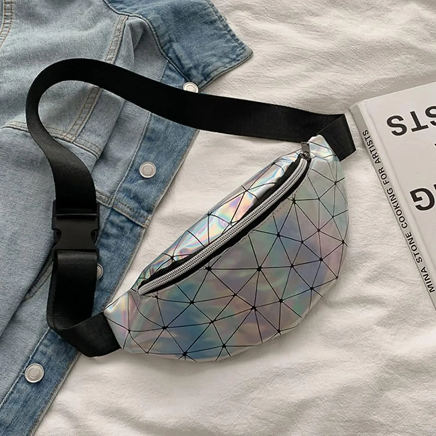 Shoulder bag 1PC Holographic Pack Waist Bag PU Beach Travel Banana Hip Bum Zip Women Purse Belt Bags Girl Chest Bags(Black) (White)