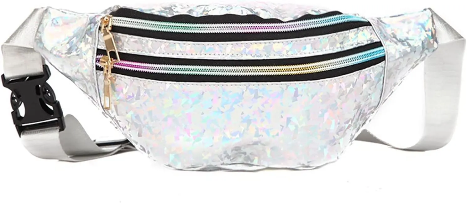 Shoulder bag 1PC Holographic Pack Waist Bag PU Beach Travel Banana Hip Bum Zip Women Purse Belt Bags Girl Chest Bags(Black) (White)