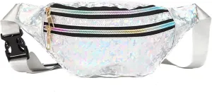 Shoulder bag 1PC Holographic Pack Waist Bag PU Beach Travel Banana Hip Bum Zip Women Purse Belt Bags Girl Chest Bags(Black) (White)