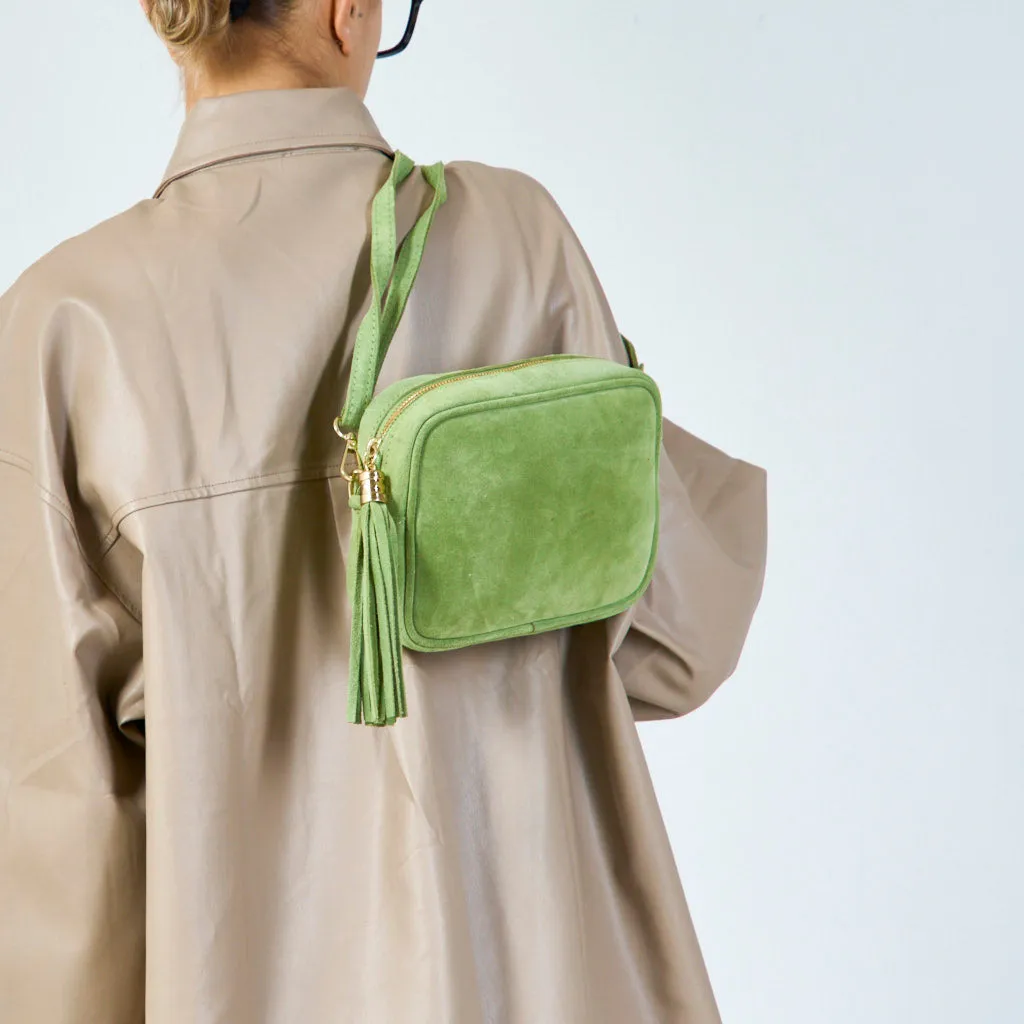 Suede crossbody bag with tassel wholesale