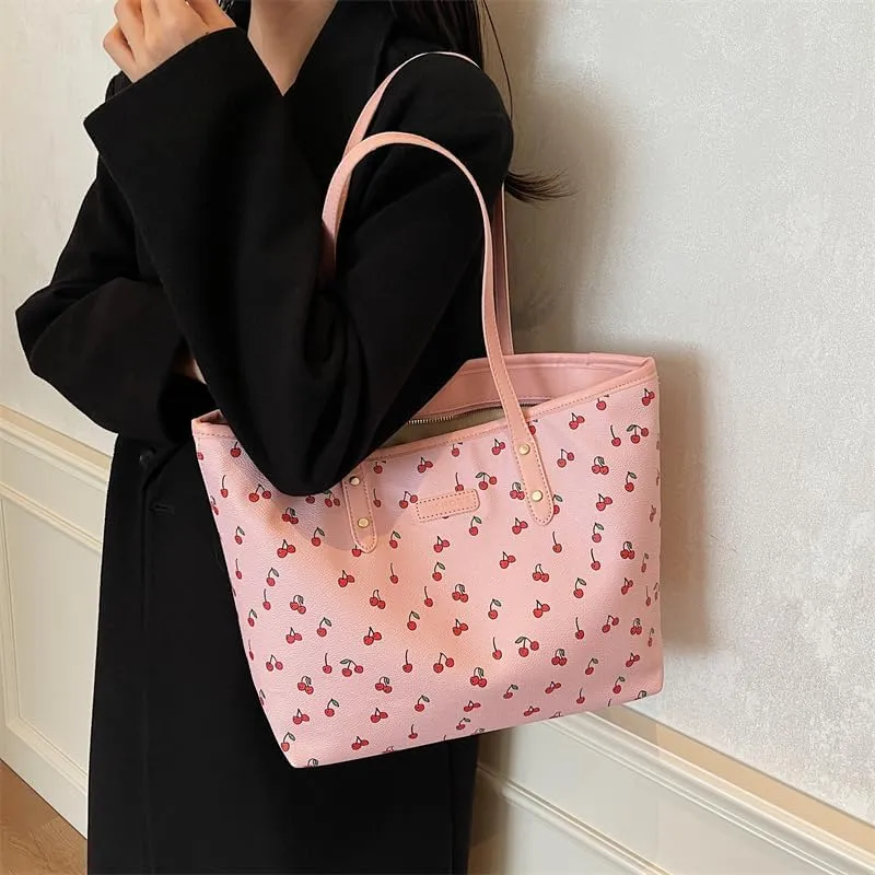 Tote Bags for Women,Cherry Print Tote Bags Faux Leather Shoulder Bag Cherry Purse Top Handle Cute Floral Hangbags