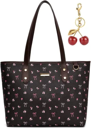 Tote Bags for Women,Cherry Print Tote Bags Faux Leather Shoulder Bag Cherry Purse Top Handle Cute Floral Hangbags