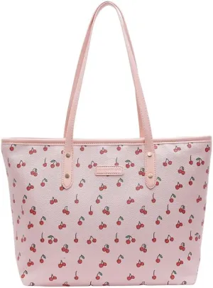 Tote Bags for Women,Cherry Print Tote Bags Faux Leather Shoulder Bag Cherry Purse Top Handle Cute Floral Hangbags