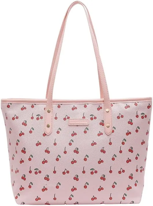 Tote Bags for Women,Cherry Print Tote Bags Faux Leather Shoulder Bag Cherry Purse Top Handle Cute Floral Hangbags
