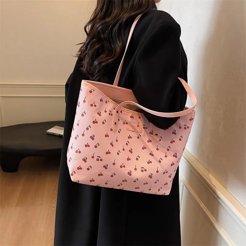 Tote Bags for Women,Cherry Print Tote Bags Faux Leather Shoulder Bag Cherry Purse Top Handle Cute Floral Hangbags
