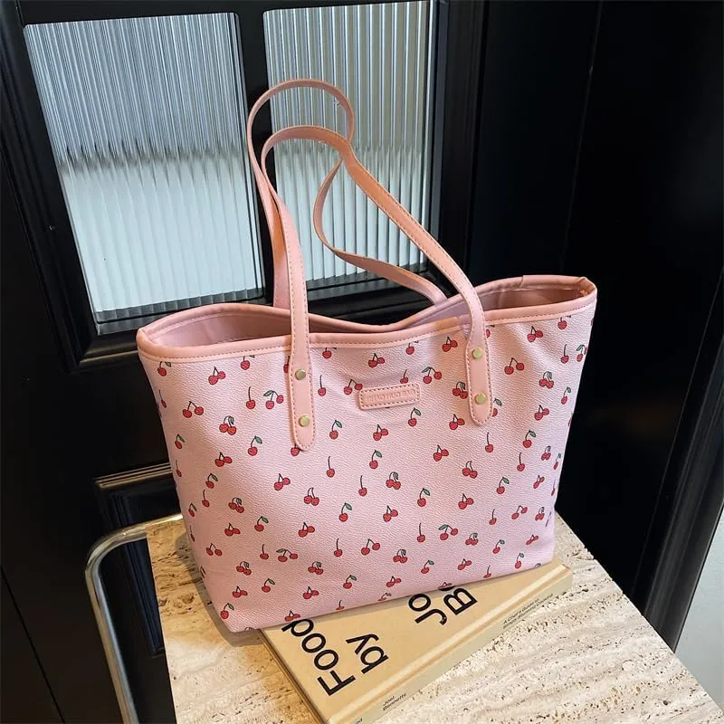 Tote Bags for Women,Cherry Print Tote Bags Faux Leather Shoulder Bag Cherry Purse Top Handle Cute Floral Hangbags