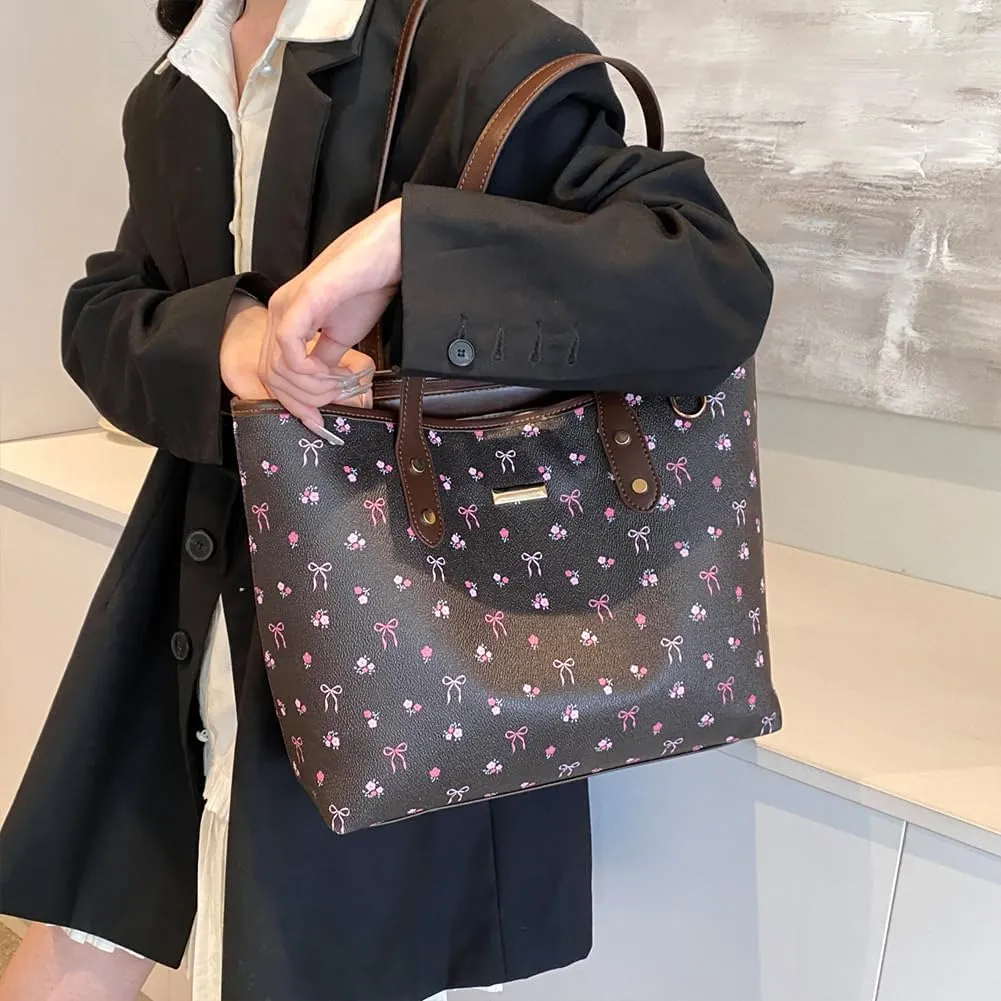 Tote Bags for Women,Cherry Print Tote Bags Faux Leather Shoulder Bag Cherry Purse Top Handle Cute Floral Hangbags