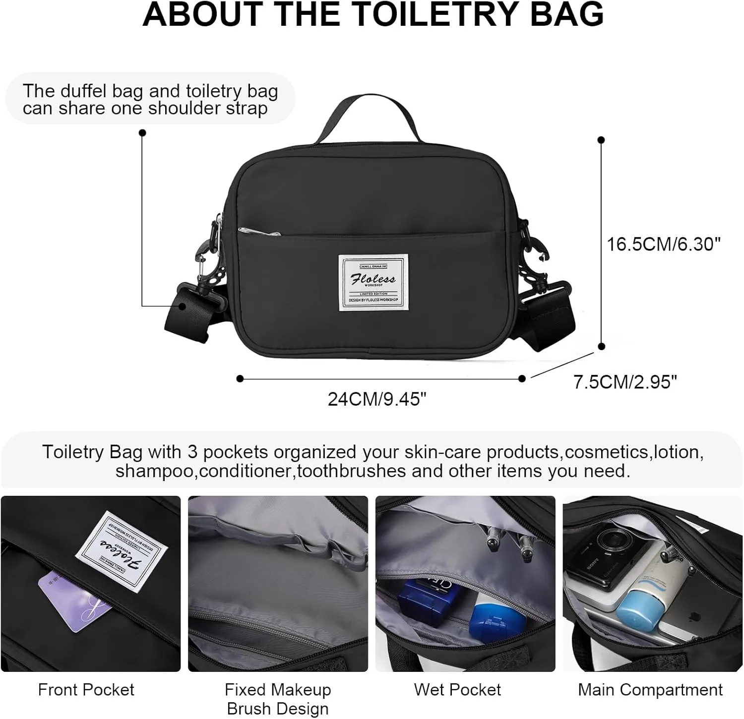 Travel Duffel Bag with Toiletry Bag, Sports Tote Gym, Shoulder Weekender Overnight Bag for Women,Black & Brown