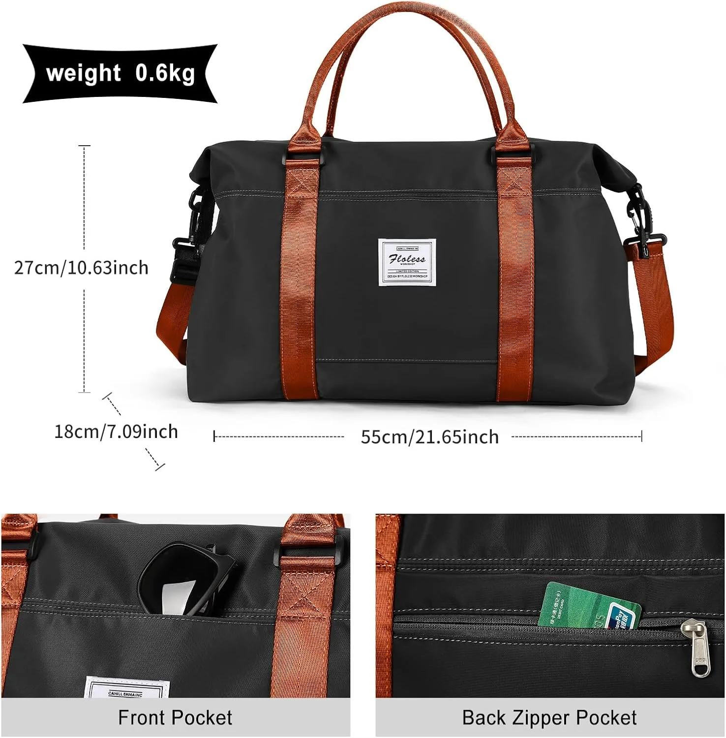 Travel Duffel Bag with Toiletry Bag, Sports Tote Gym, Shoulder Weekender Overnight Bag for Women,Black & Brown