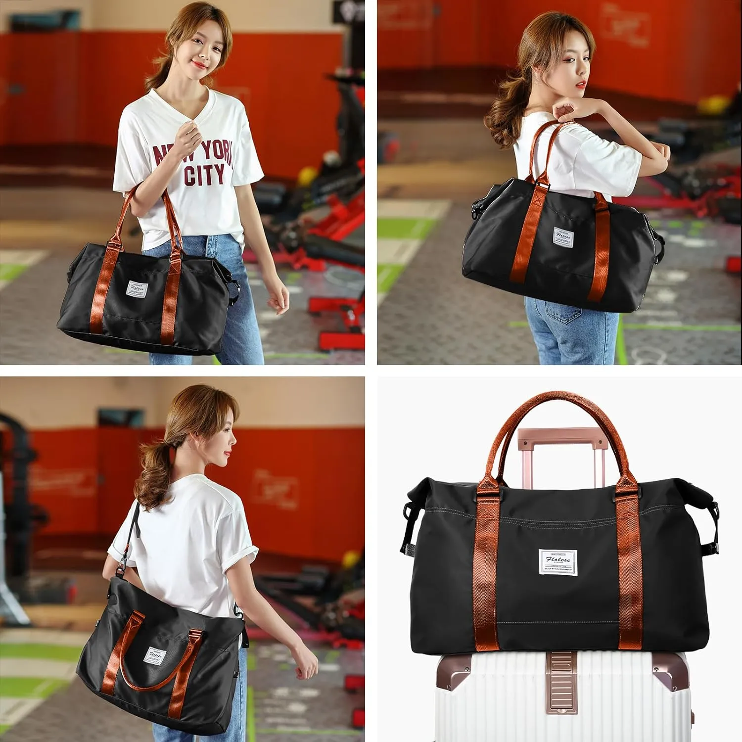 Travel Duffel Bag with Toiletry Bag, Sports Tote Gym, Shoulder Weekender Overnight Bag for Women,Black & Brown