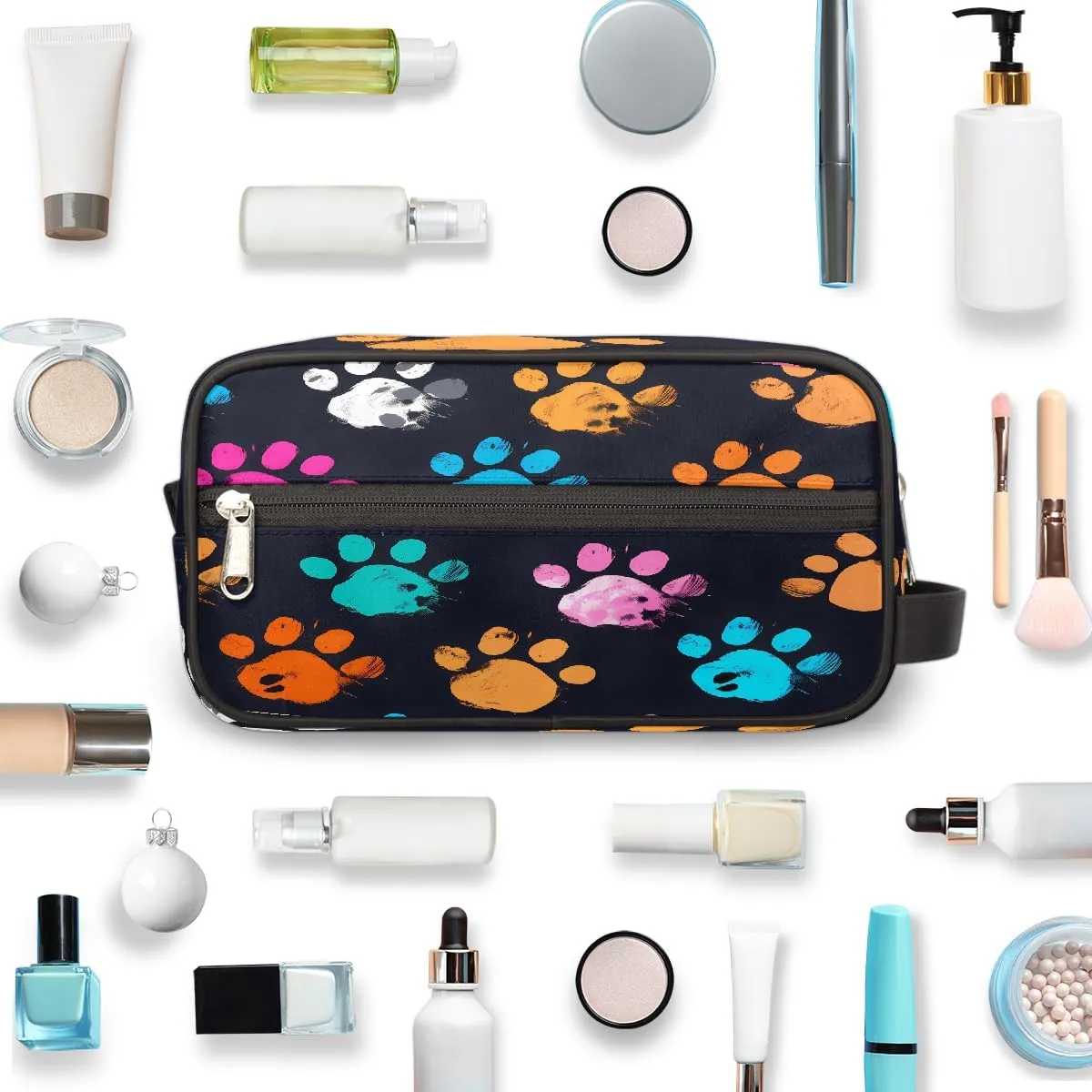 Travel Makeup Bag for Women, Portable Cosmetic Organizer Pouch, Wide Open Toiletries Travel Bag with Handle, Colorful Dog Cat Paw Print