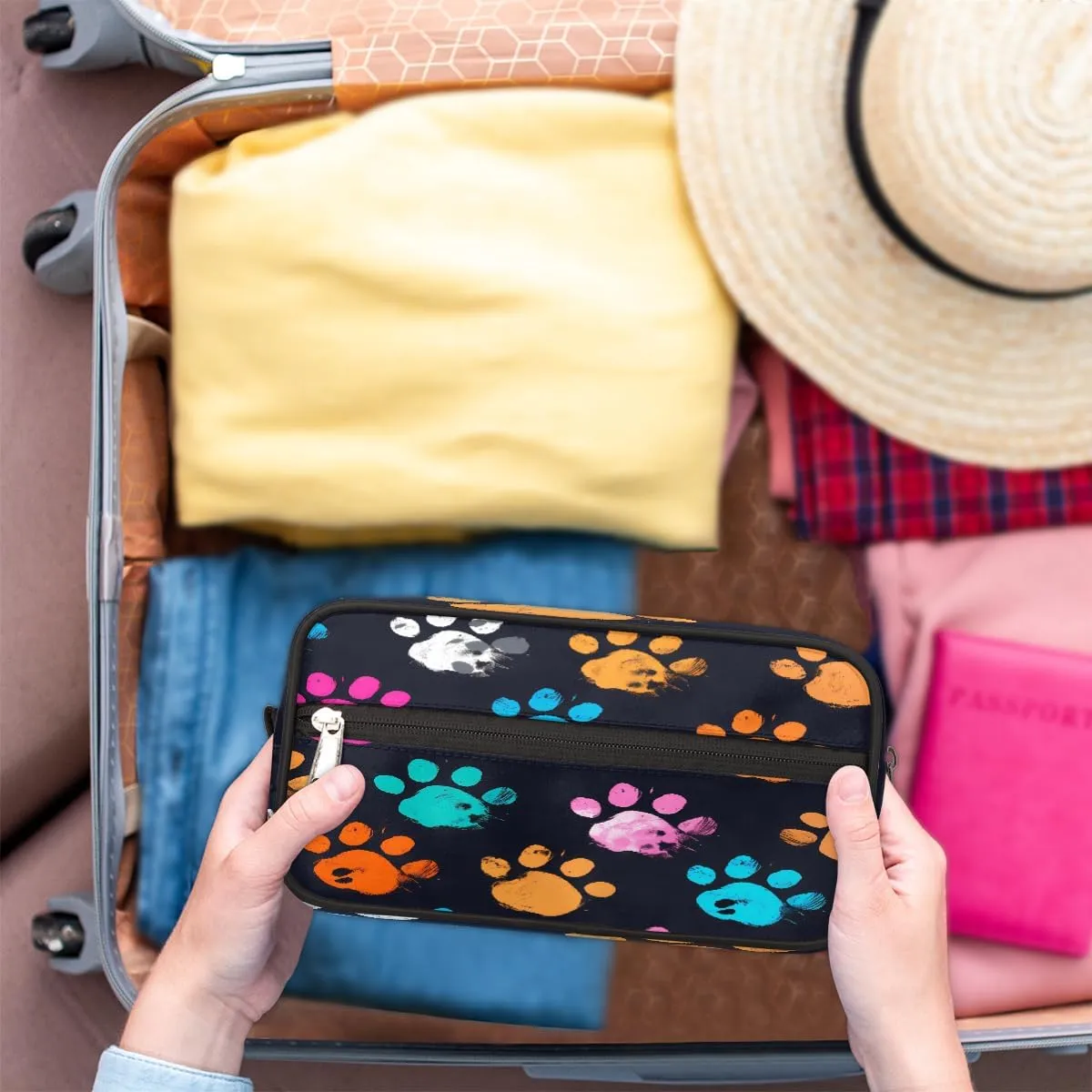 Travel Makeup Bag for Women, Portable Cosmetic Organizer Pouch, Wide Open Toiletries Travel Bag with Handle, Colorful Dog Cat Paw Print