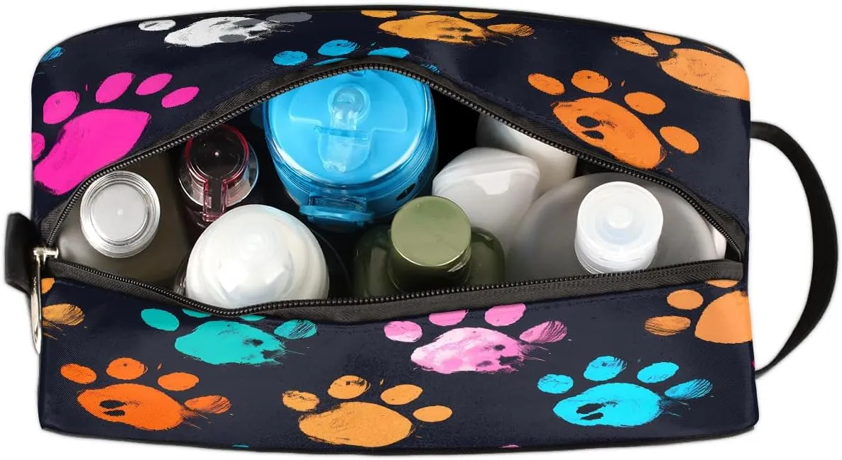 Travel Makeup Bag for Women, Portable Cosmetic Organizer Pouch, Wide Open Toiletries Travel Bag with Handle, Colorful Dog Cat Paw Print