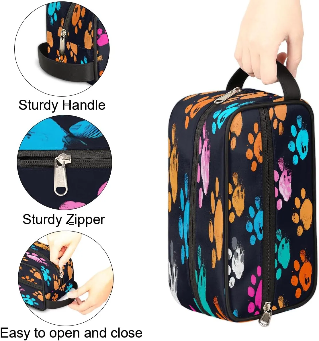 Travel Makeup Bag for Women, Portable Cosmetic Organizer Pouch, Wide Open Toiletries Travel Bag with Handle, Colorful Dog Cat Paw Print