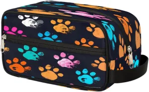 Travel Makeup Bag for Women, Portable Cosmetic Organizer Pouch, Wide Open Toiletries Travel Bag with Handle, Colorful Dog Cat Paw Print