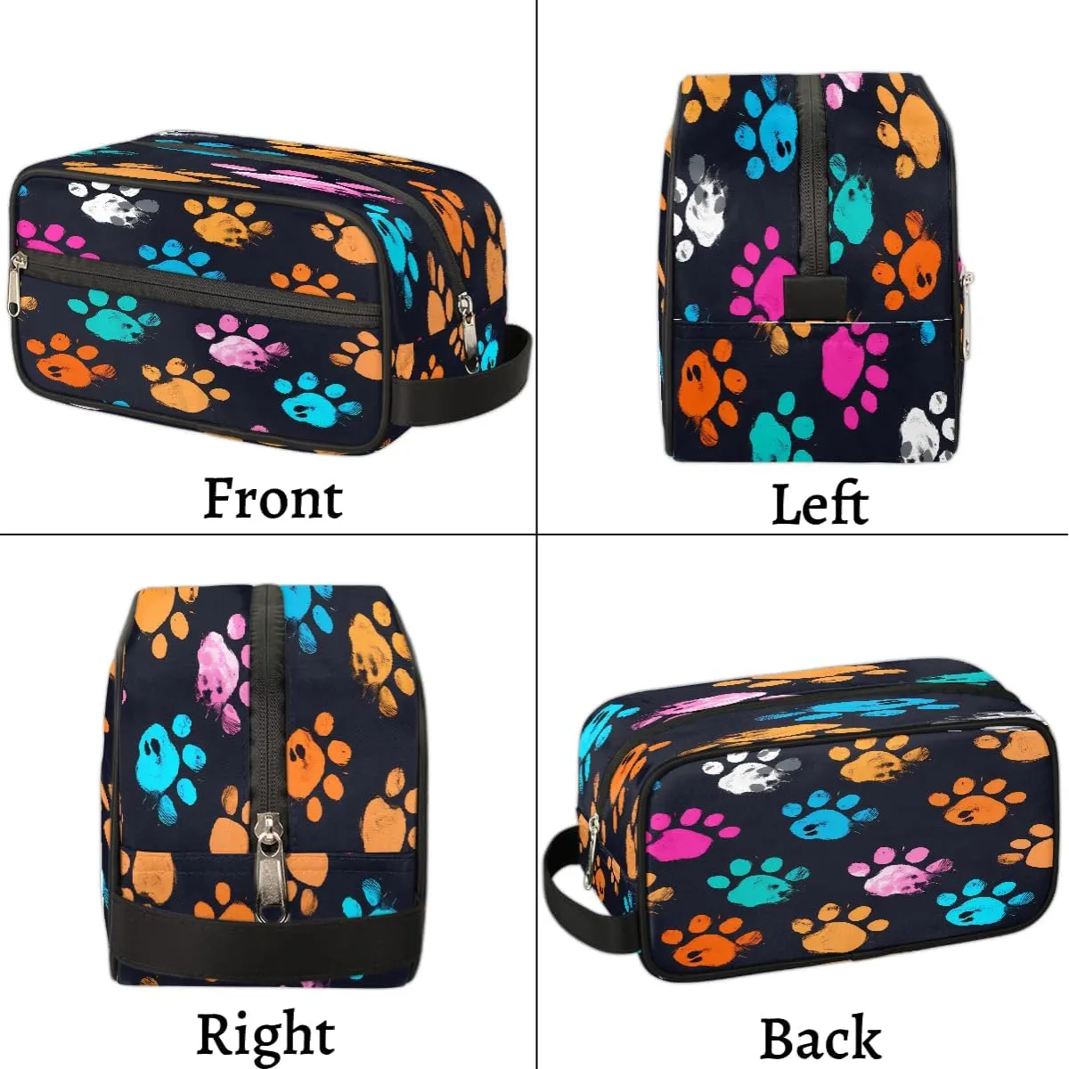 Travel Makeup Bag for Women, Portable Cosmetic Organizer Pouch, Wide Open Toiletries Travel Bag with Handle, Colorful Dog Cat Paw Print