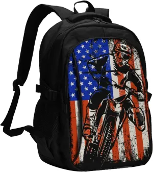 Vintage American Motorcycle Flag Dirt Bike Rider Motocross Travel Backpack Laptop Backpacks Business Rucksack Outdoor Daypack Large Sport Bag with Luggage Strap USB Charging Port for Hiking