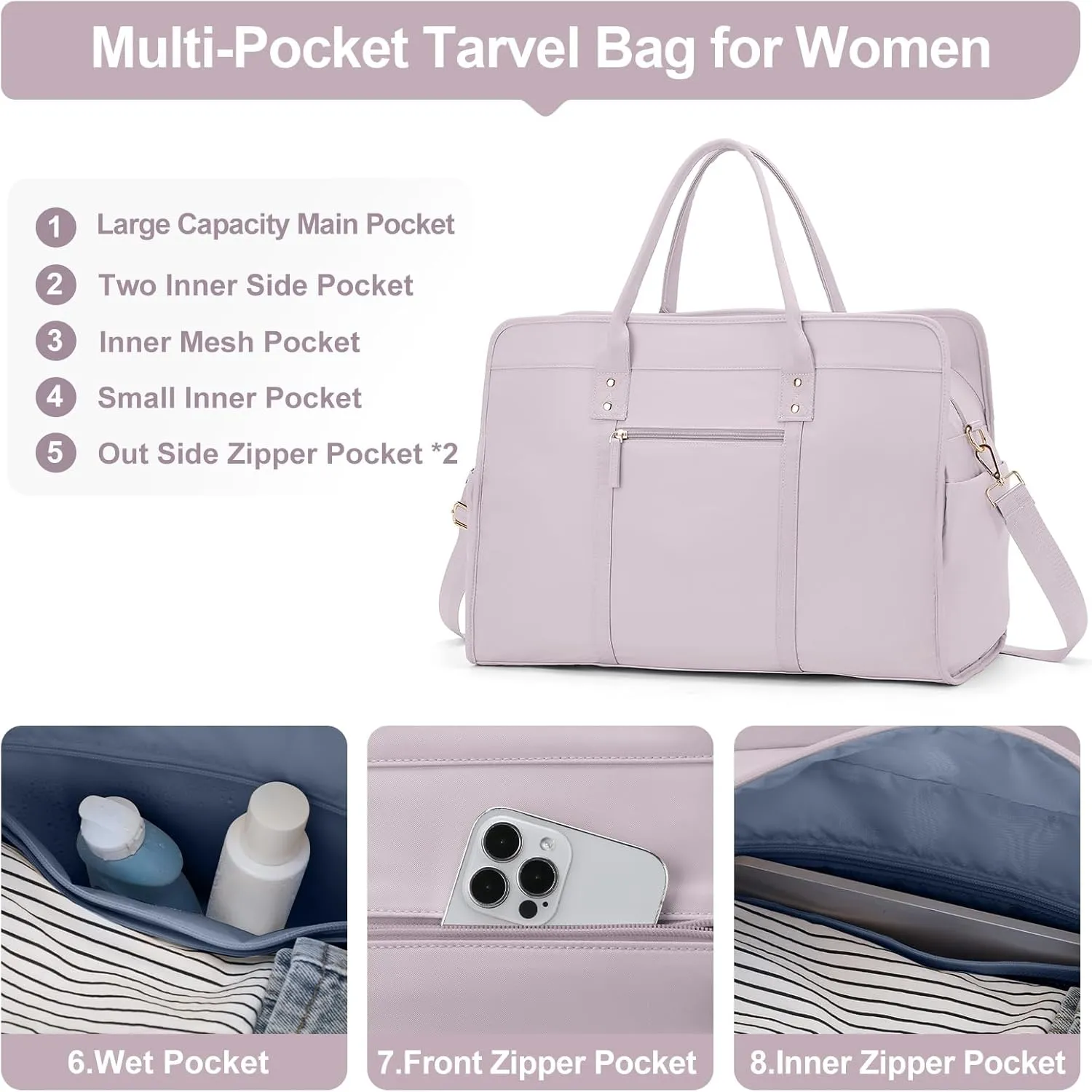 Weekender Bags for Women Travel, Travel Bag with Shoe Compartment, Overnight Duffel Bag with Wet Pocket & Trolley Sleeve