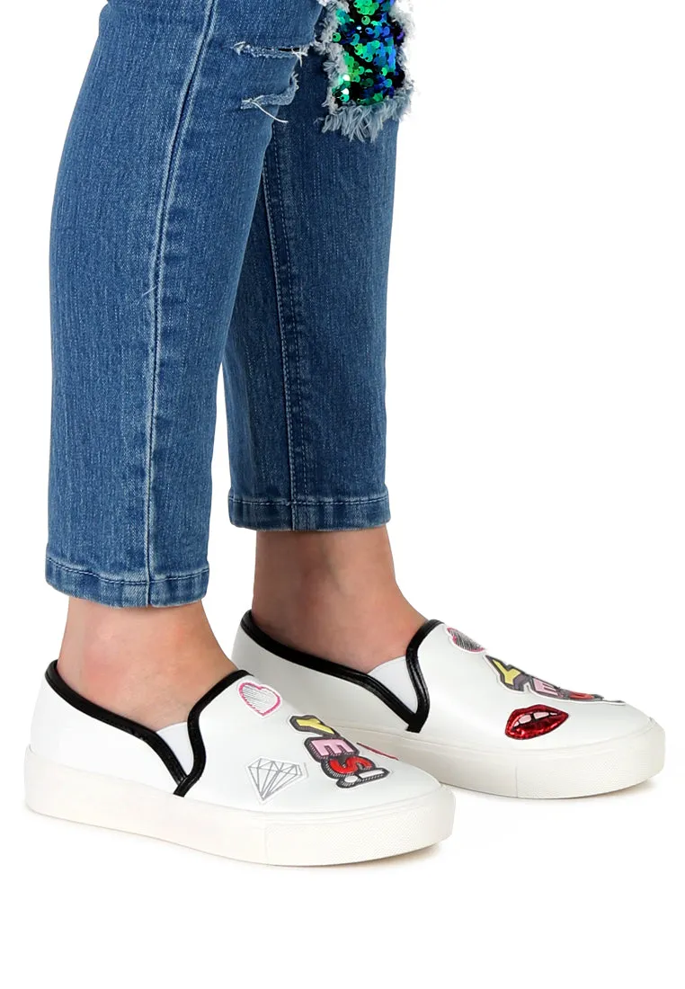 White Yes Print Slip-On Sneakers