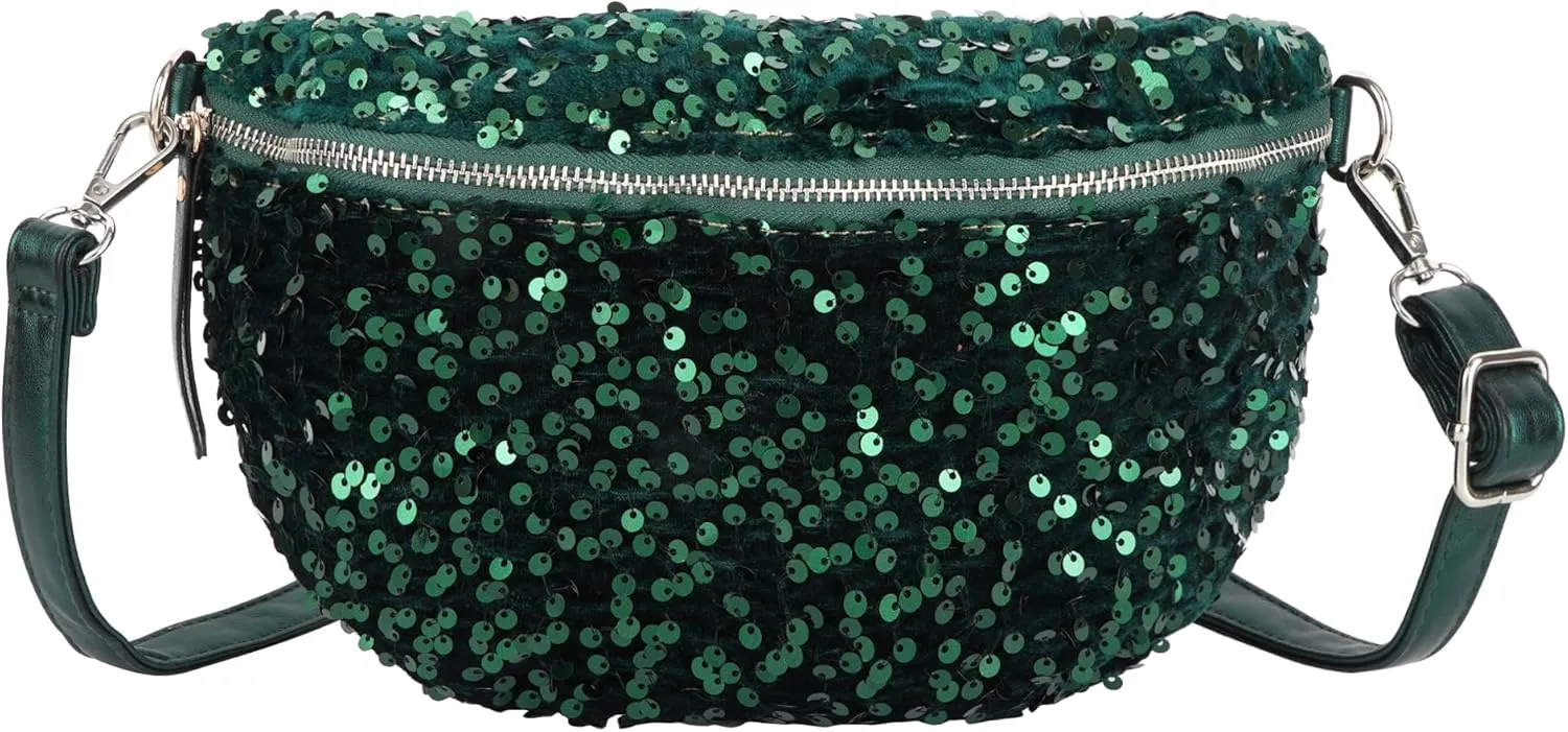 Women Large Glitter Sequins Velvet Fanny Pack Waist Bag Chest Bag Crossbody Shoulder Bag