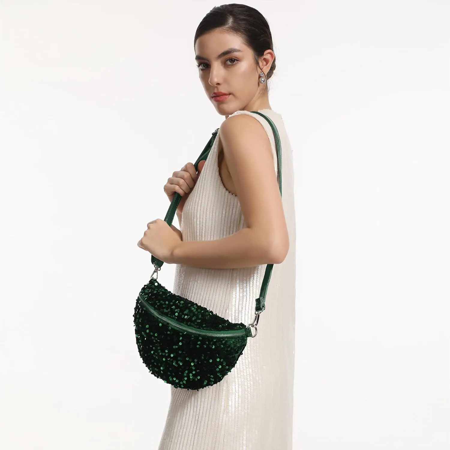 Women Large Glitter Sequins Velvet Fanny Pack Waist Bag Chest Bag Crossbody Shoulder Bag