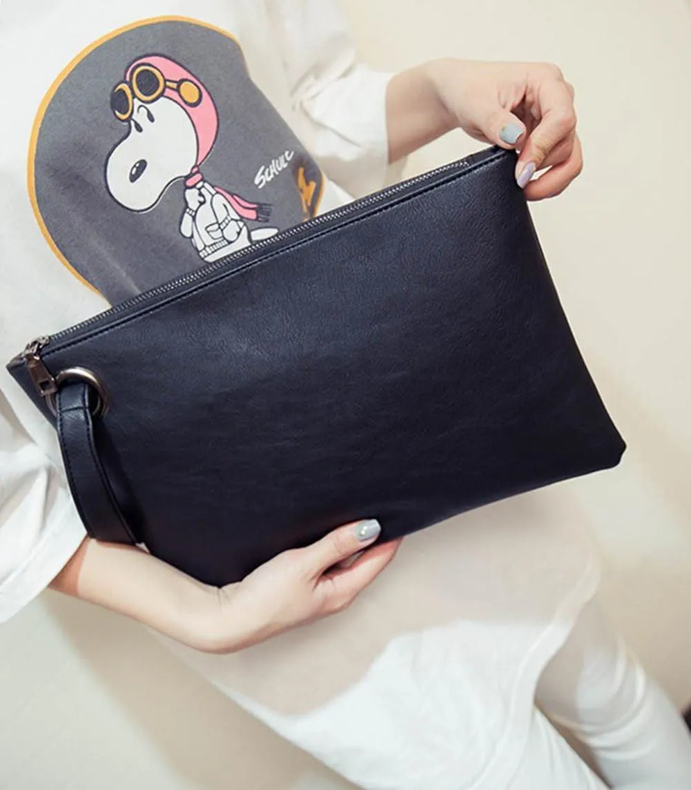 Women Oversized Envelope Handbag Soft Leather Clutch Evening Bag Purse with Wrist Strap