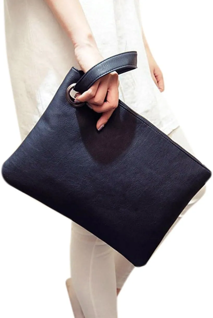 Women Oversized Envelope Handbag Soft Leather Clutch Evening Bag Purse with Wrist Strap