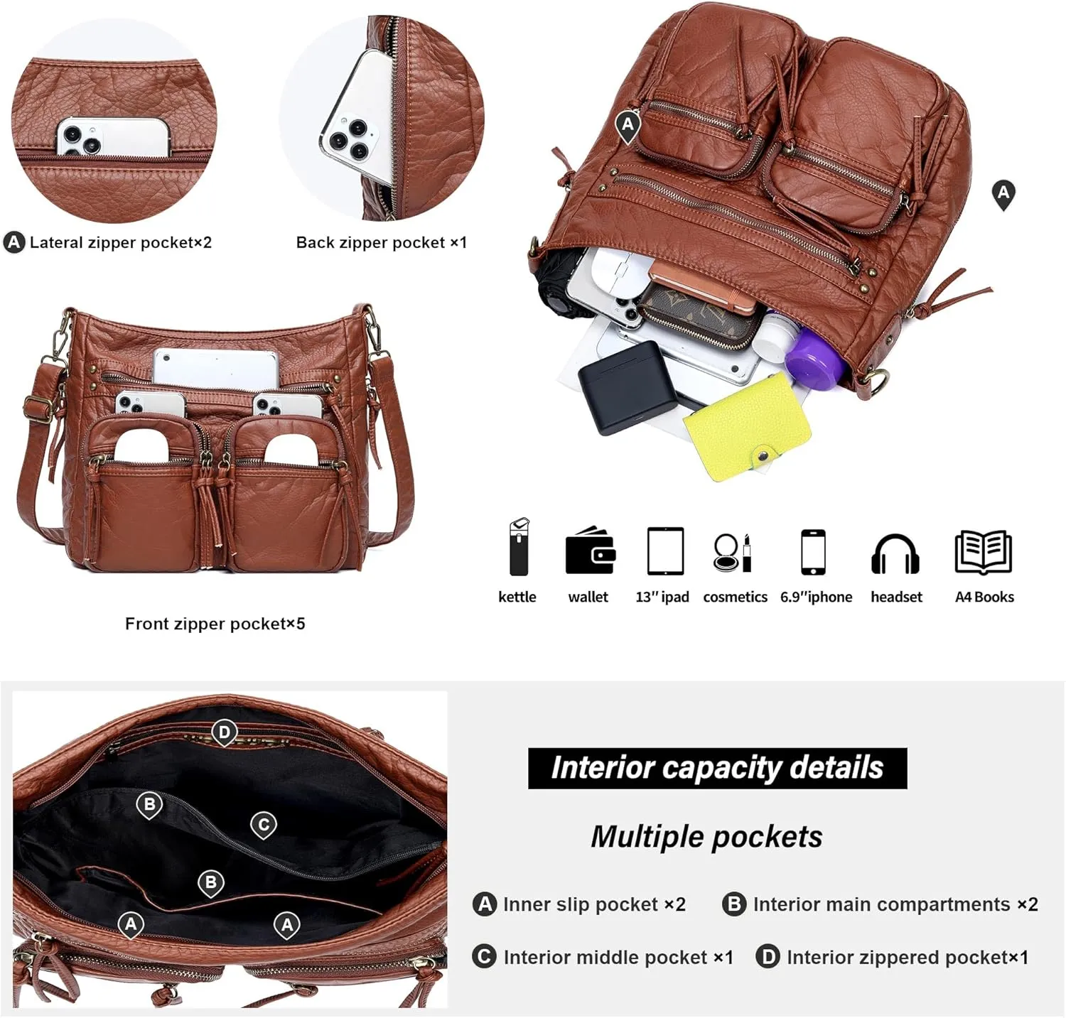 Worldlyda Large Crossbody Bags for Women Multi Pockets Shoulder Bags Soft Vintage Vegan Leather Purses Handbags Hobo Tote