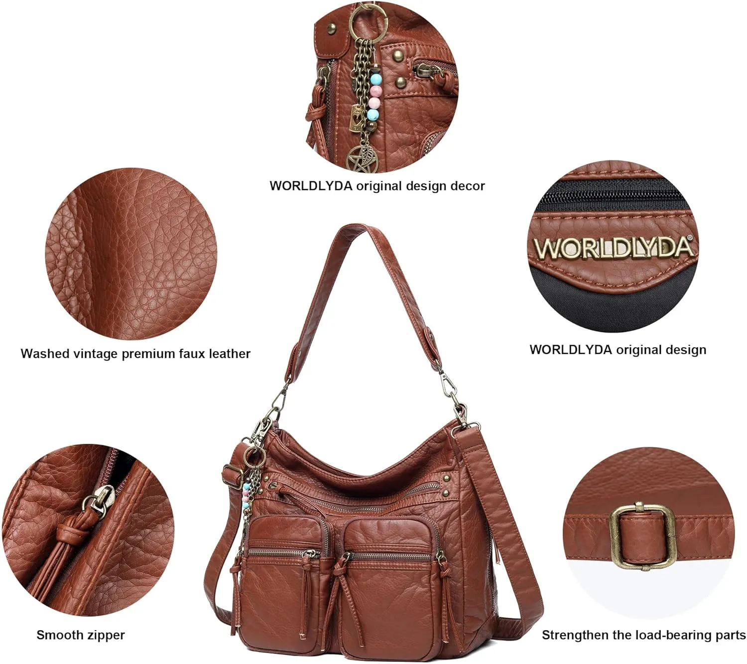 Worldlyda Large Crossbody Bags for Women Multi Pockets Shoulder Bags Soft Vintage Vegan Leather Purses Handbags Hobo Tote