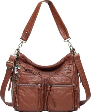 Worldlyda Large Crossbody Bags for Women Multi Pockets Shoulder Bags Soft Vintage Vegan Leather Purses Handbags Hobo Tote