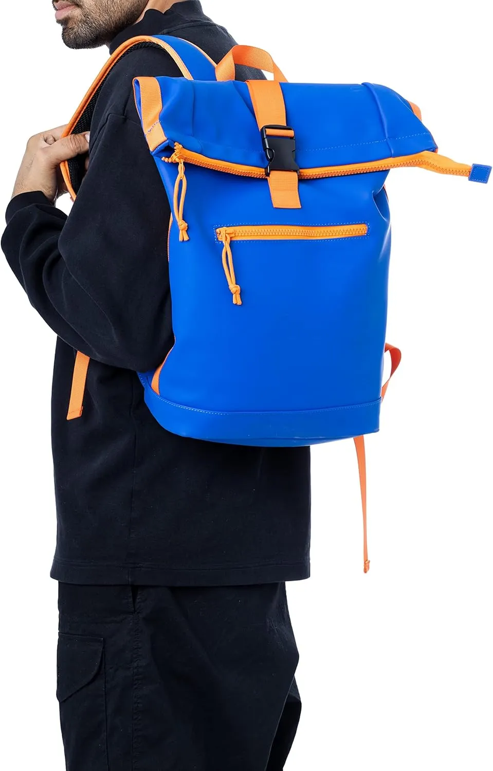 X RAY Roll Top Laptop Backpack for Men Women, PU Leather Expandable Roll Up Backpack Capacity Adjustable 22L & Fits 15.6" Laptop, Royal Blue/Tangerine