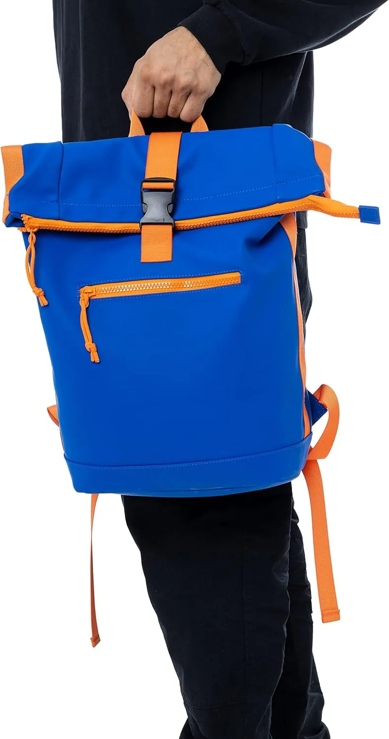 X RAY Roll Top Laptop Backpack for Men Women, PU Leather Expandable Roll Up Backpack Capacity Adjustable 22L & Fits 15.6" Laptop, Royal Blue/Tangerine