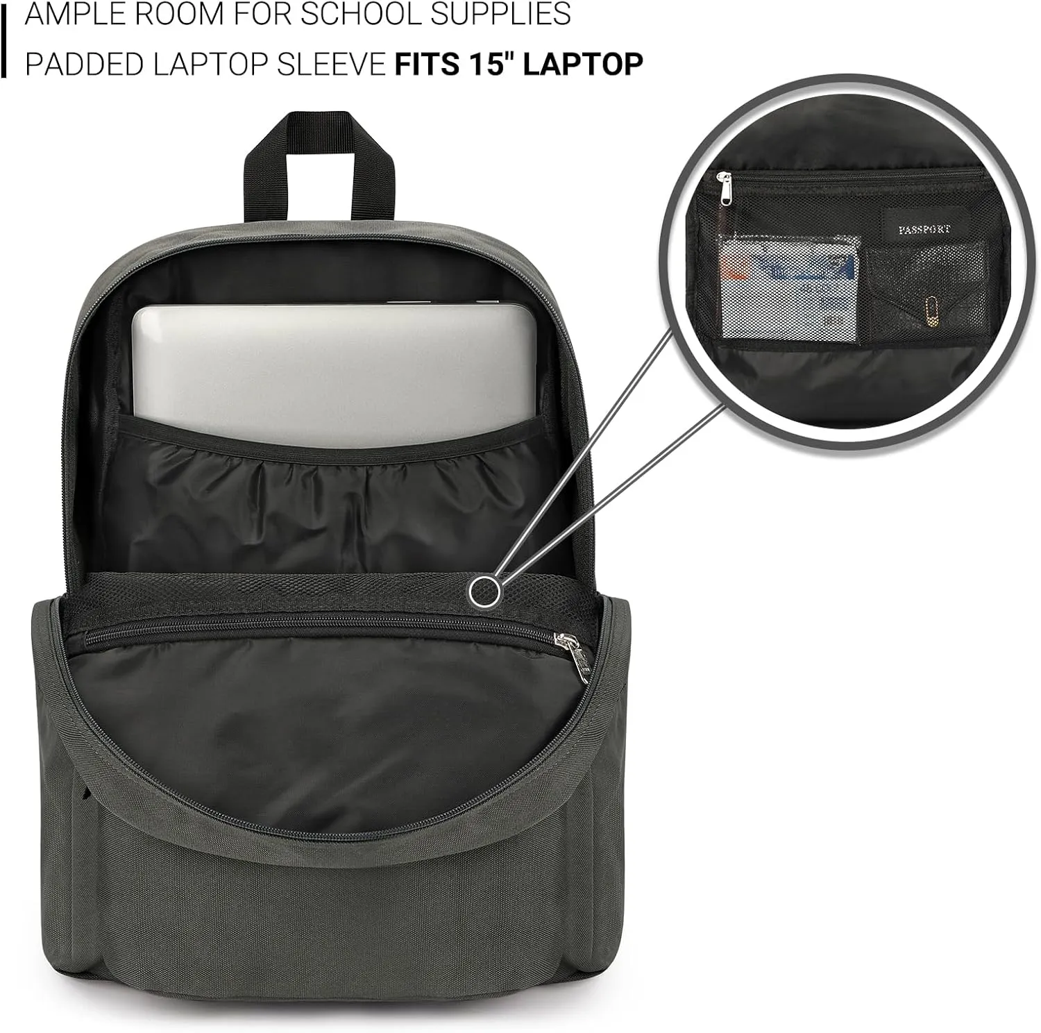 ZORFIN Basic Backpack for School Work Travel: Water Resistant Backpacks for Men and Women - Lightweight Bookbag for Girls and Boys - Graphite Grey