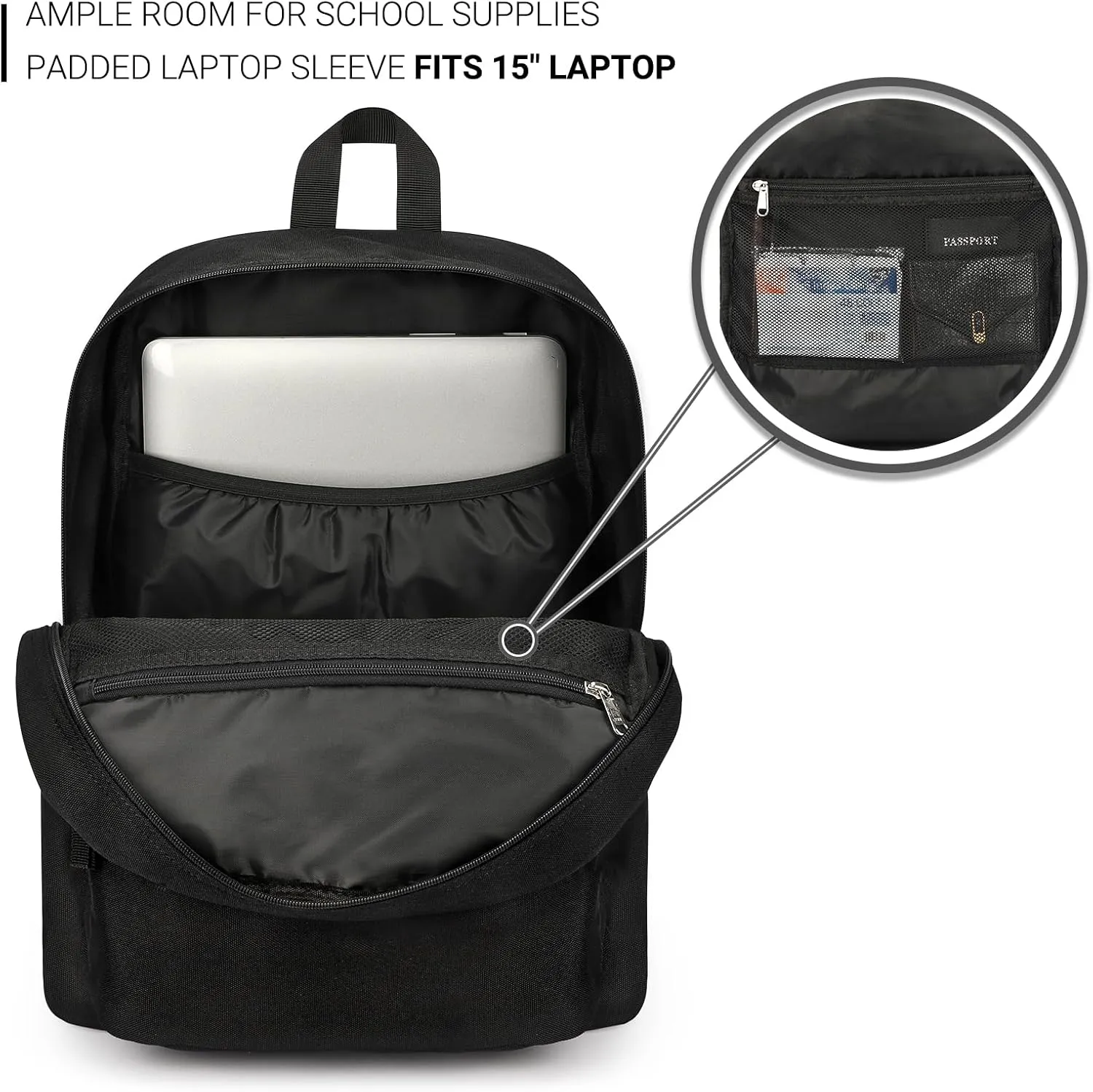 ZORFIN Black Backpack for School Work Travel: Water Resistant Backpacks for Men and Women - Lightweight Bookbag for Girls and Boys